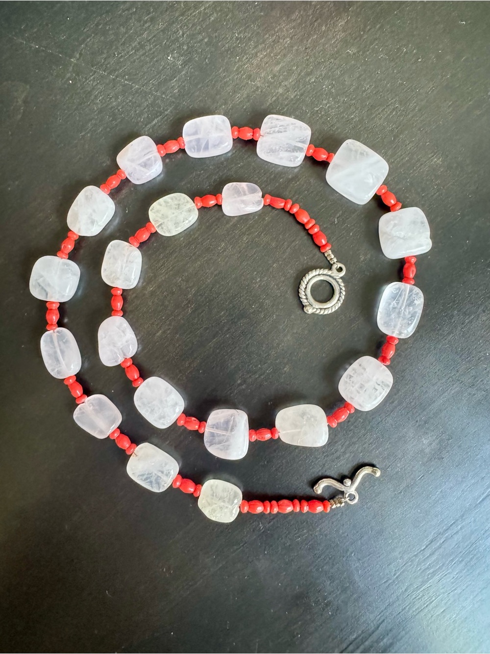 VTG Chunky Rose Quartz & Red Coral Nugget Necklace 24"